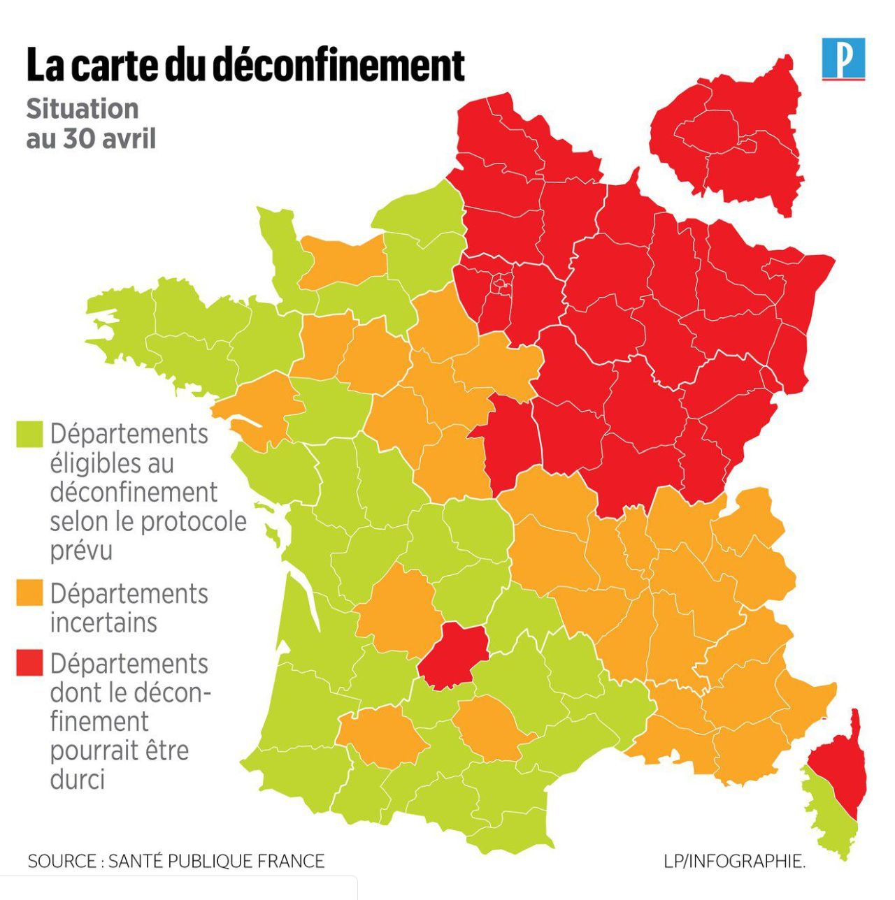 Départements rouges et verts. La carte est publiée